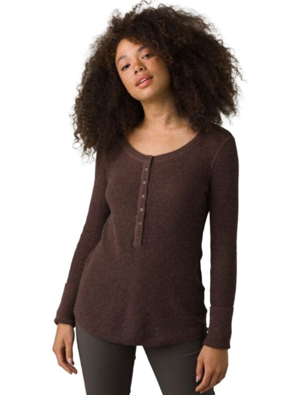 Women's prAna Milani Knit Henley Sweater Top Cotton Merino Blend Brown Size XS